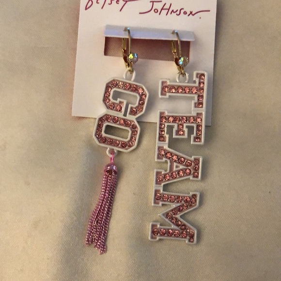 Betsey Johnson Go Team Mismatch Drop Earrings Pink Crystal & Tassel NWT - Picture 9 of 13
